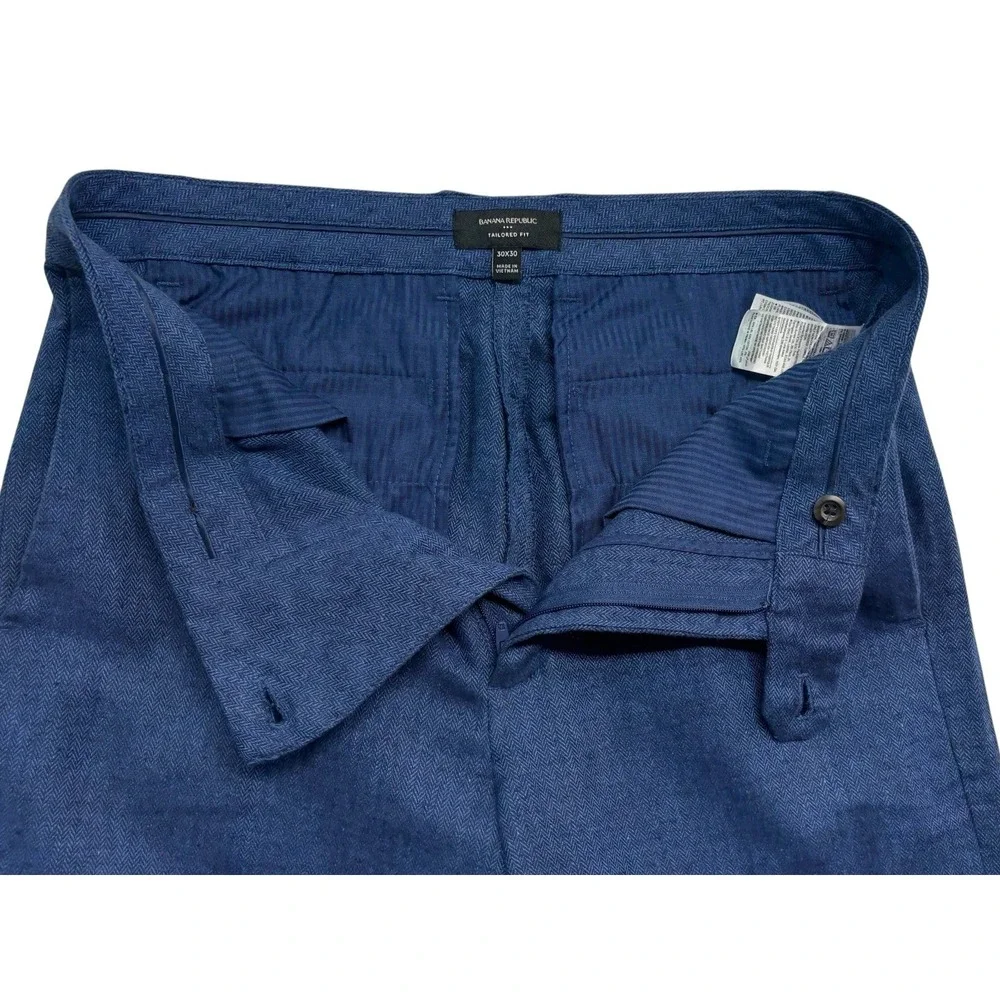 Banana Republic 30x30 Navy Blue Herringbone Linen Cotton Pants Trousers Tailored
